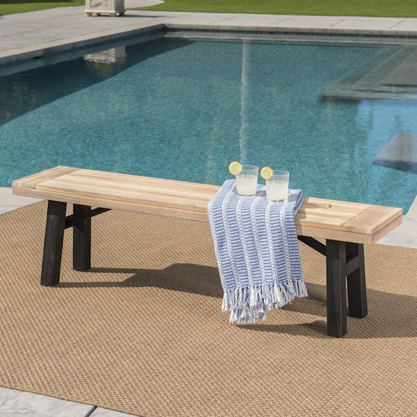 Unbranded Weather Resistant Outdoor Acacia Wood Rustic Bench Ottoman, Gray, Slat Panel Seating, Gorgeous 2 Toned Finish for Garden