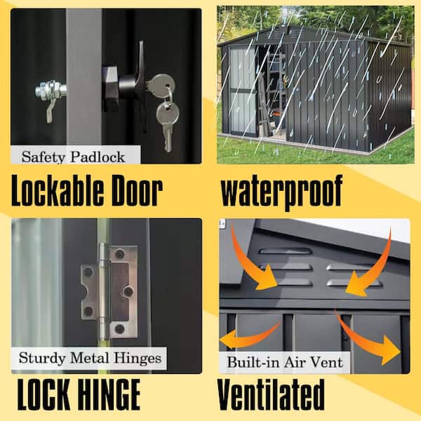 10 ft. W x 8 ft. D Outdoor Metal Storage Shed Tool Cabinet with Lockable Double Door for Backyard, Black (80 sq. ft.)