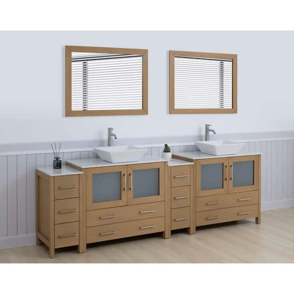 96 in. W Double Basin Natural Oak Bath Vanity with White Engineered Marble Top and Mirror