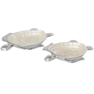 White Aluminum Metal Turtle Enameled Decorative Bowl with Silver Metal Exterior (Set of 2)