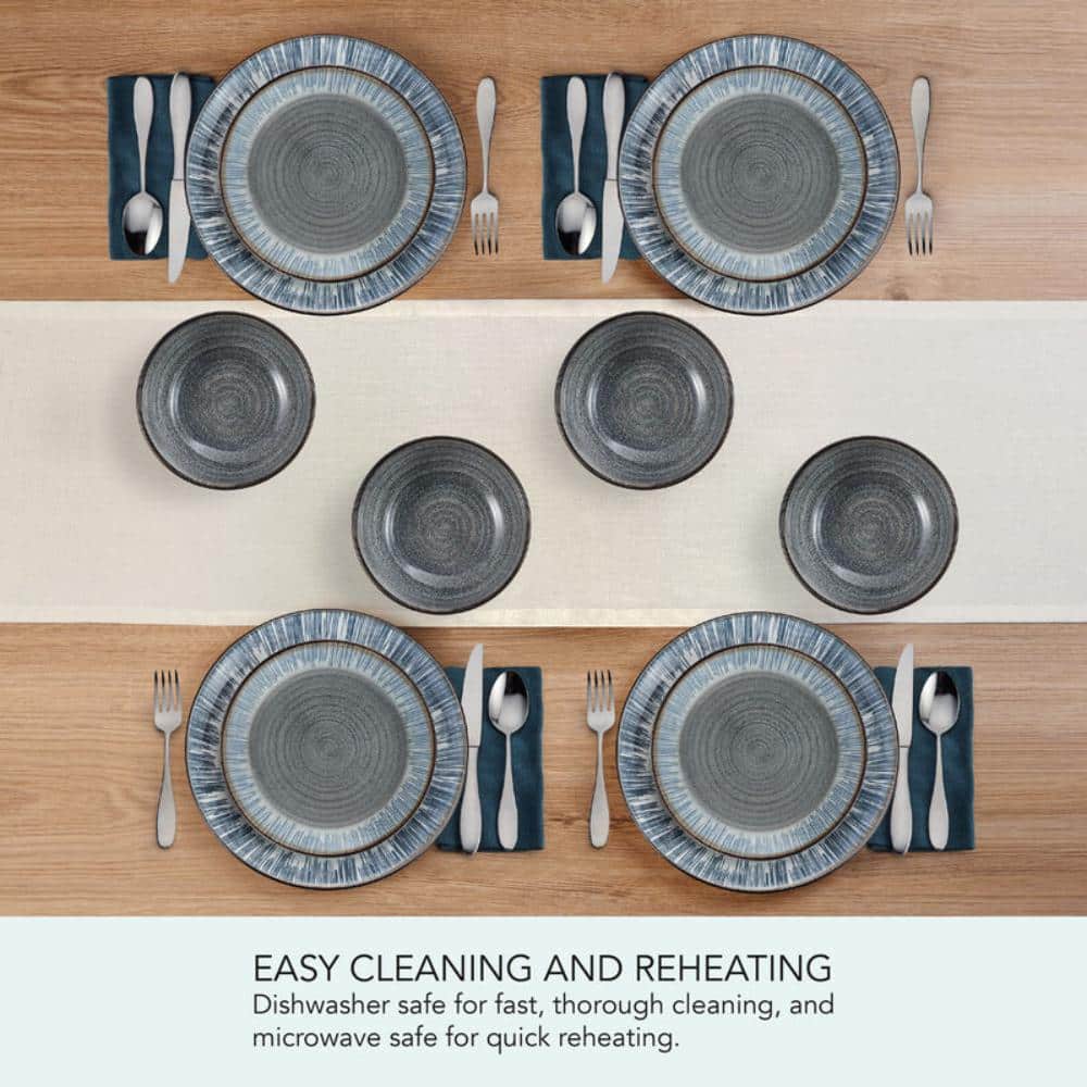 Rustic Gray and Blue Ceramic 12-Piece Dinnerware Set, Service for 4