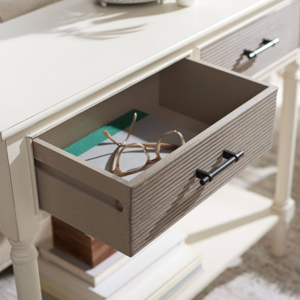 Distressed White and Greige 2-Drawer Console Table with Storage