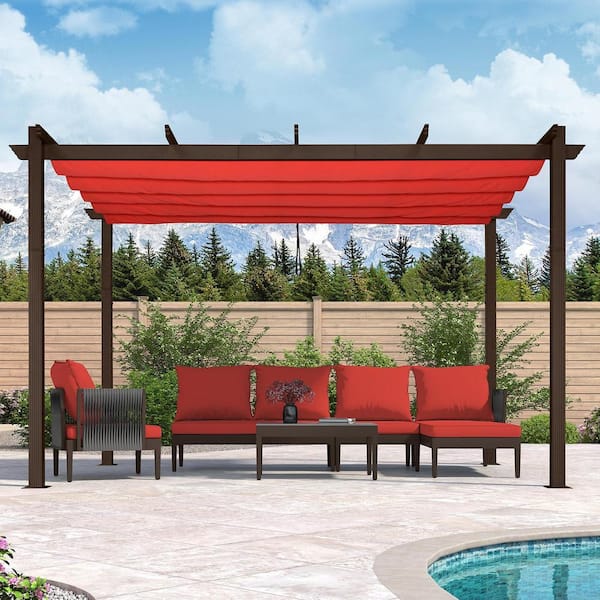 PURPLE LEAF 10 ft. x 12 ft. Bronze Aluminum Frame Outdoor Patio Pergola Gazebo with Red Retractable Sun Shade Canopy for Deck