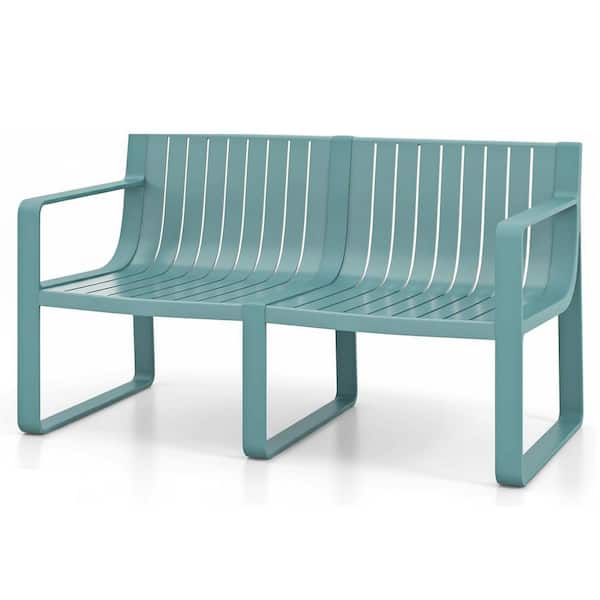 Outdoor 2-Person Patio Conversation Furniture Weather-Resistant Slatted Design Plastic Bench with Curved Backrest