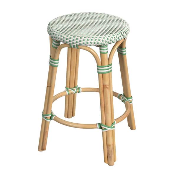 Butler Specialty Company Tobias 24 in. White and Green Dot Backless Round Rattan Counter Stool (Qty 1)