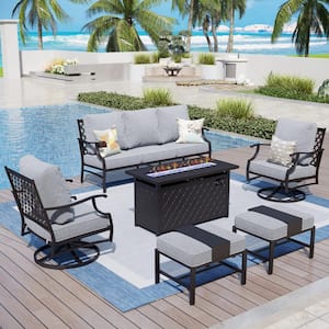 Black Meshed 7 Seat 6-Piece Metal Steel Outdoor Fire Pit Patio Set with Gray Cushions, Black Rectangular Fire Pit Table