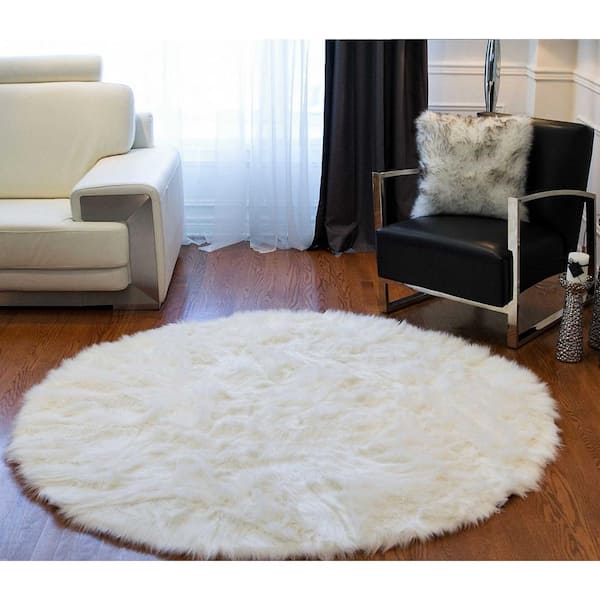 7 Ft Round Faux Fur Area Rug, White Fur Rugs