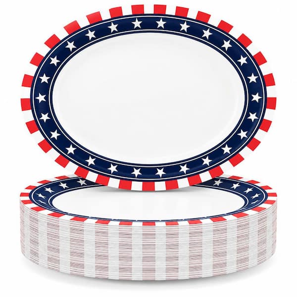 50 Count 4th of July Oval Paper Plates, Heavy-Duty Disposable Dinner Plates, Red White Blue for BBQ & Patriotic Parties
