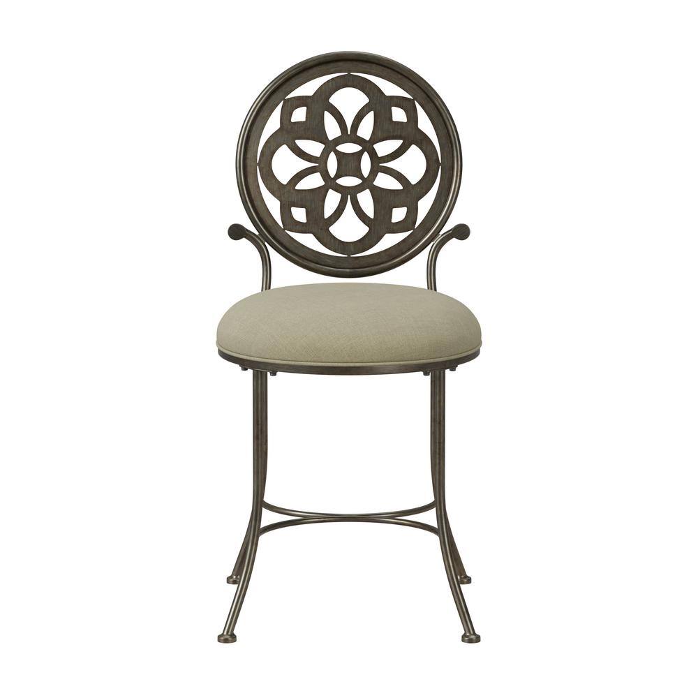 Antique Gray Metal Vanity Stool with Cream Upholstery