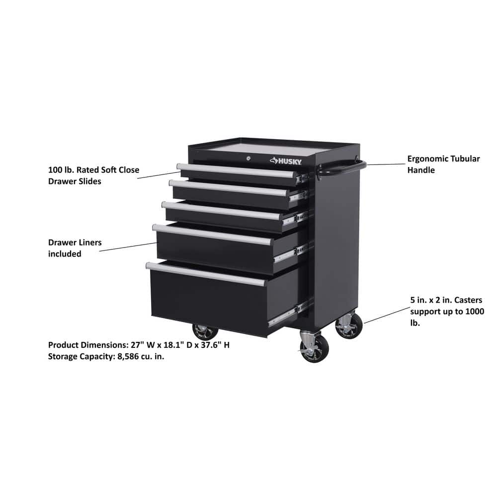 Husky Tool Storage 27 in. W x 18 in. D 5-Drawer Gloss Black Rolling Tool Cabinet H27TR5BLK