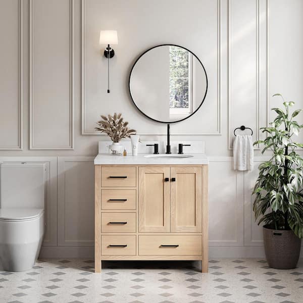 ARIEL Cambridge 36 in. W x 22 in. D x 36 in. H Single Oval Sink Bath Vanity in Oak with Carrara White Quartz Top