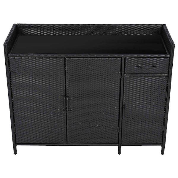 47.5 in. W x 15.8 in. D x 39.5 in. H Black Wicker Outdoor Storage Cabinet with Tempered Glass Desktop and 3-Doors