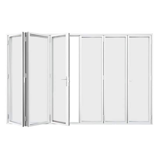 192 in. x 80 in. Left Swing Tempered Glass White Aluminum Folding Patio Door with Door Stopper (3-Folding Plus 3-Swing)