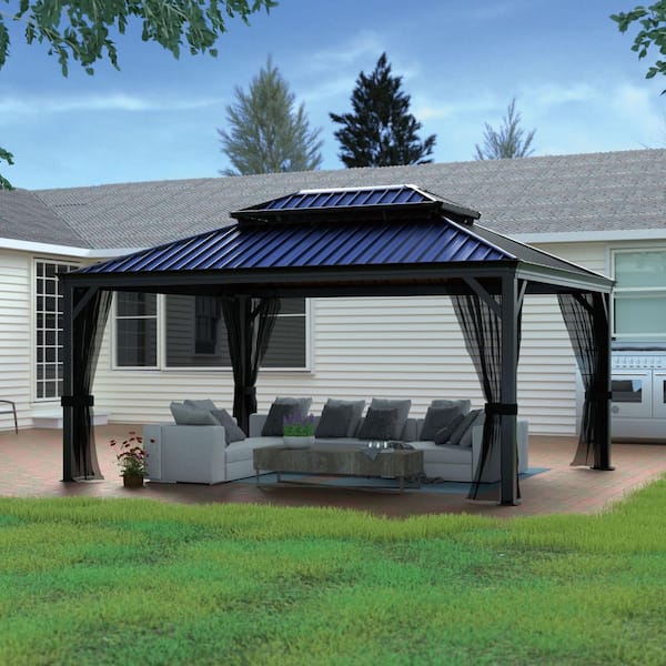 12 ft. x 16 ft. Aluminum Hardtop Gazebo with Galvanized Double Roof and Textilene Netting