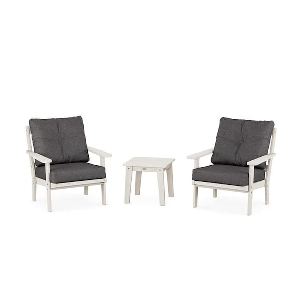 POLYWOOD Mission 3-Pcs Plastic Patio Conversation Set in Sand/Ash Charcoal Cushions