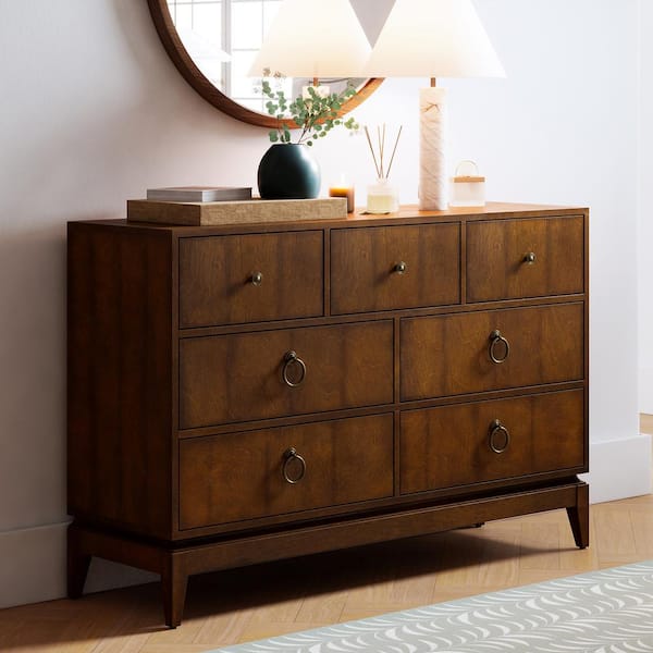 JAYDEN CREATION Frieder 54 in. Wide 7 Drawer Walnut Dresser with Wooden Base