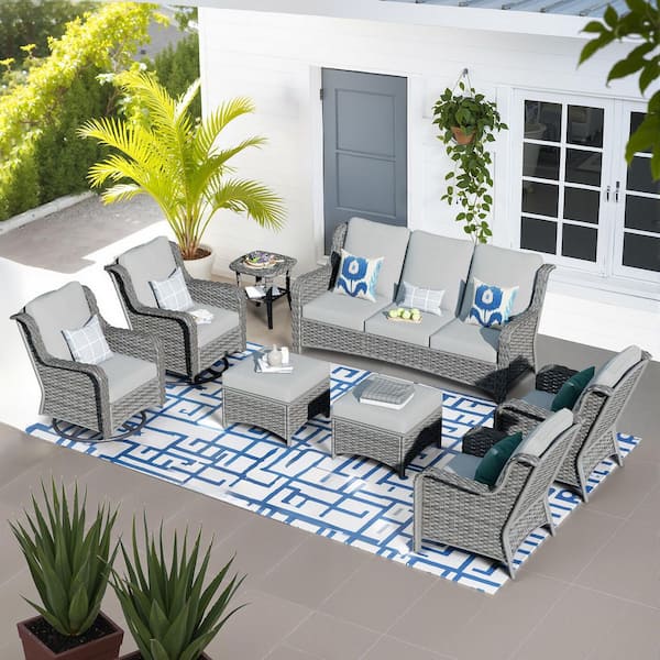 Clario 8-Piece Wicker Patio Sectional Conversation Set with Gray Cushion and Rocking Swivel Chairs for Backyard