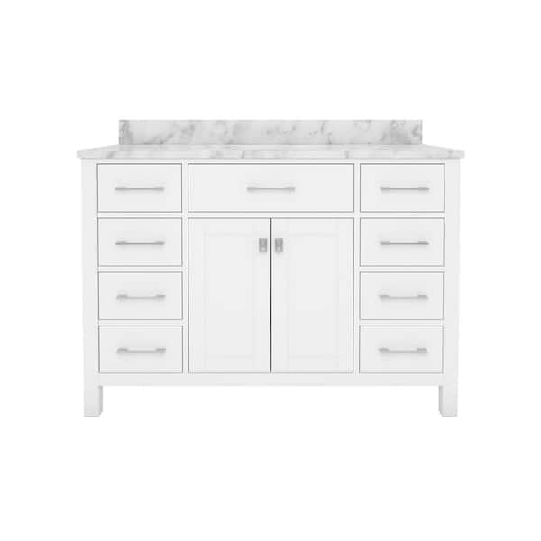 Sinber STYLE1 48 in. W x 22 in. D x 35 in. H Ceramic Sink Freestanding Bath Vanity in White with Carrara White Marble Top