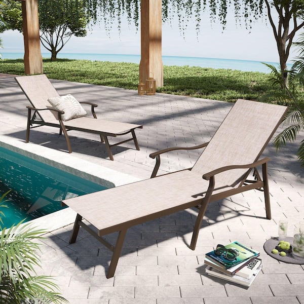 Brown 2-Piece Aluminum Outdoor Chaise Lounge in Beige