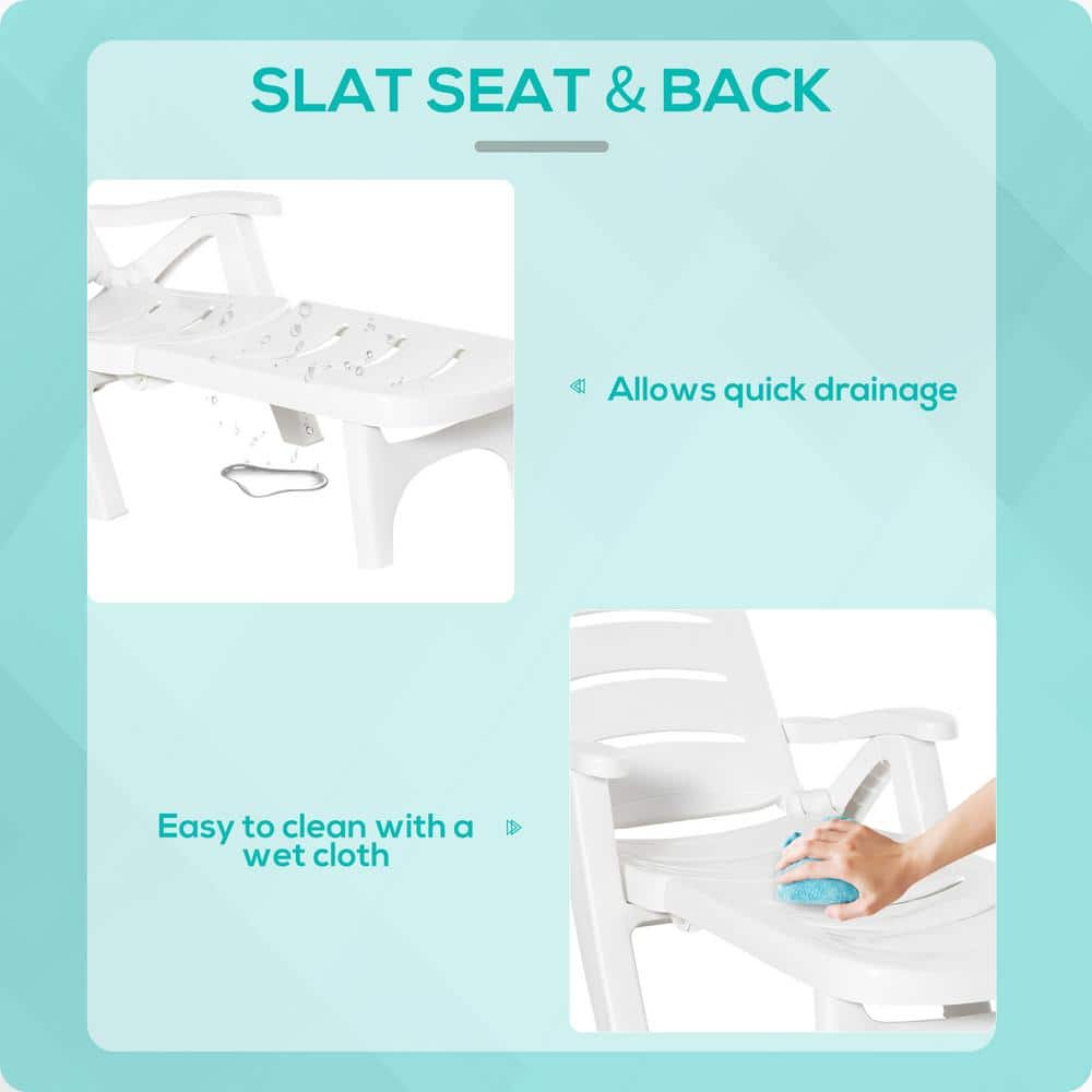 White Plastic Folding Outdoor Chaise Lounge with Adjustable Backrest and Wheels