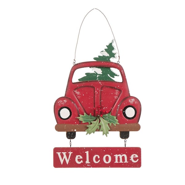 Glitzhome 16.14 in. Wooden/Iron Truck Welcome Sign