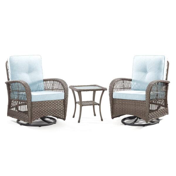 Sudzendf 3-Piece Wicker Swivel Patio Outdoor Bistro Set with Aqua Blue Cushions, Set of 2-Chairs and Matching Side Table