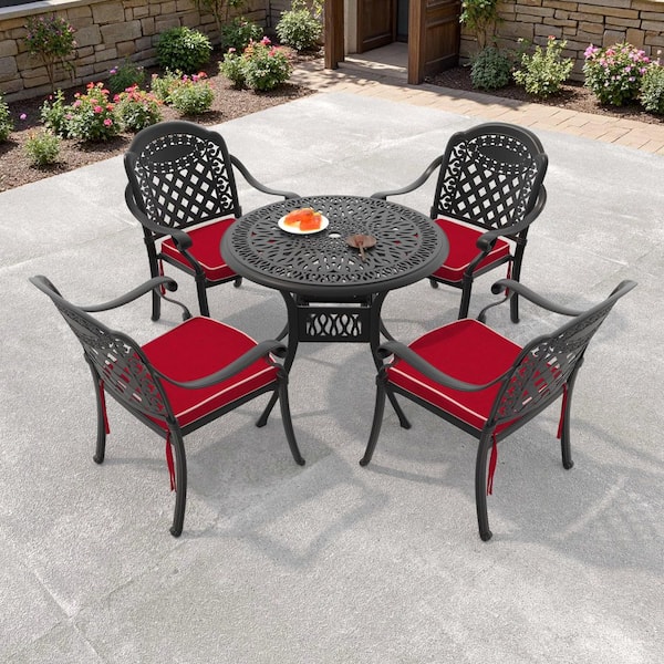 Isabella Black 5-Piece Cast Aluminum Outdoor Dining Set with Round Table and Dining Chairs and Random Color Seat Cushion