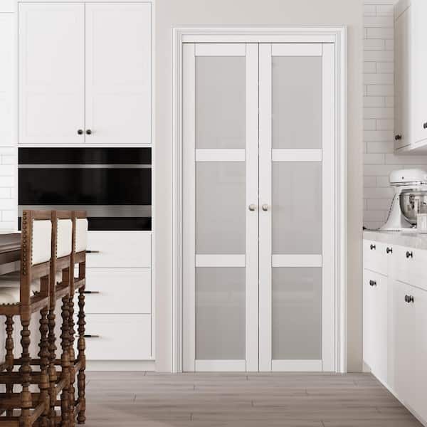 36 in. x 80 in. Frosted Glass Solid Core MDF Bi-fold Door Plus French Style Pivot Hardware (3-Lite White Finish)