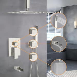 3-Spray 16 in. Square Shower System with Waterfall Tub Spout 1.8 GPM Ceiling Mount Shower Faucet in Brushed Nickel