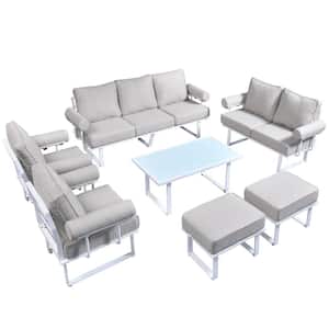 Teton Grand White 7-Piece Aluminum Outdoor Patio Conversation Sofa Set with Beige Cushions