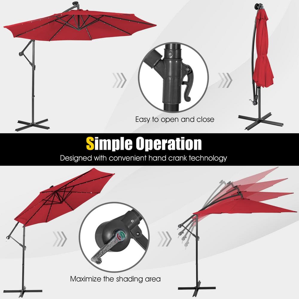 Wine Red 10ft Steel Cantilever Patio Umbrella with LED Lights
