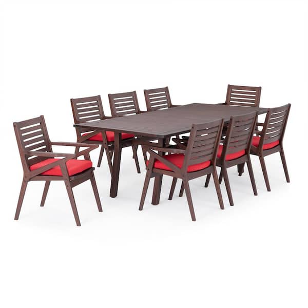 RST BRANDS Vaughn Wood Outdoor 9-Piece Dining Set with Sunset Red Cushions