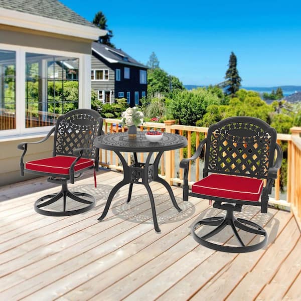 Isabella 3-Piece Cast Aluminum Patio Outdoor Dining Set with Round Dining Table, 2 Swivel Chairs and 2 Red Cushions