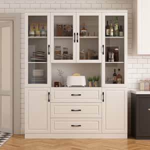 White Wood 63 in. W Buffet Sideboard Food Pantry W/Hutch, Glass Doors, Adjustable Shelves (15.7 in. D x 78.7 in. H)
