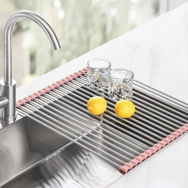 17.7 in. x 15.5 in. Stainless Steel Dish Rack for Covering Sinks, Draining Dishes, and Kitchen, Pink (1-Pack)