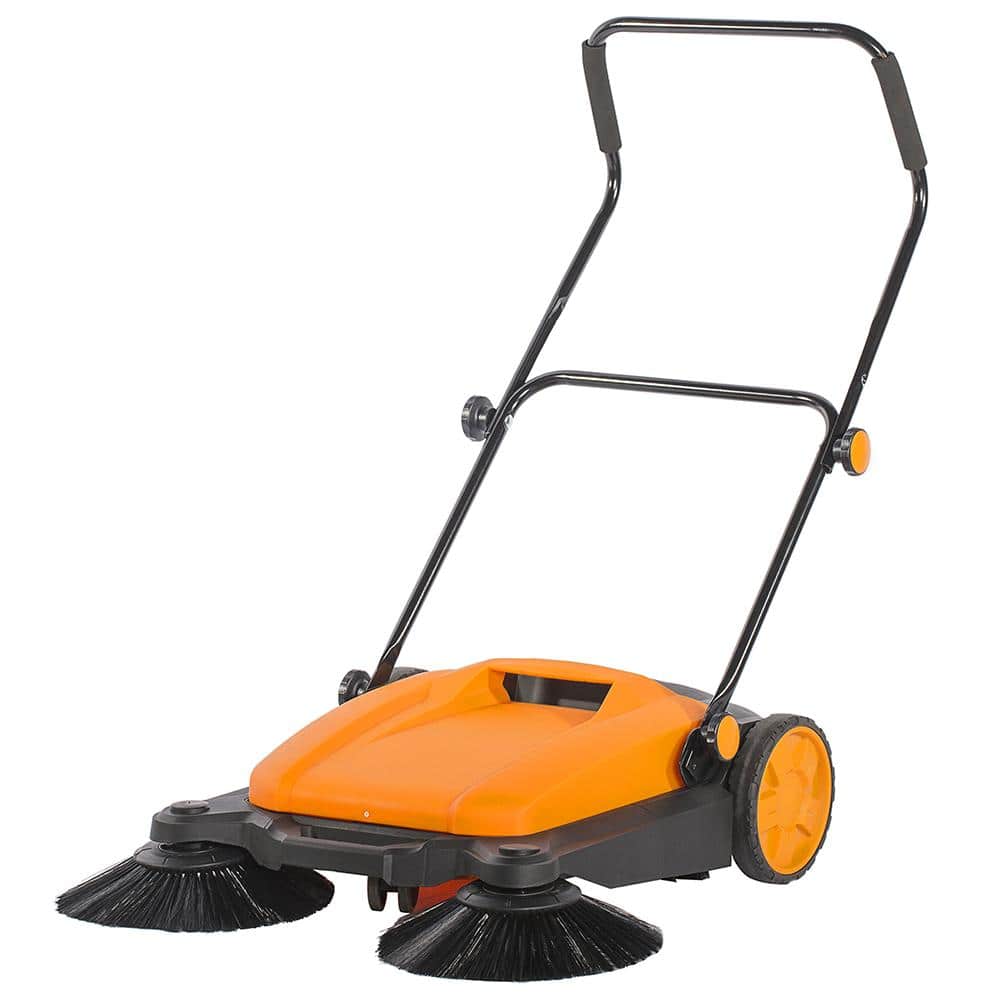 Cordless WalkBehind Manual Push Floor Sweeper, 6.6 Gallon Capacity, 27.5in. Sweeping Width