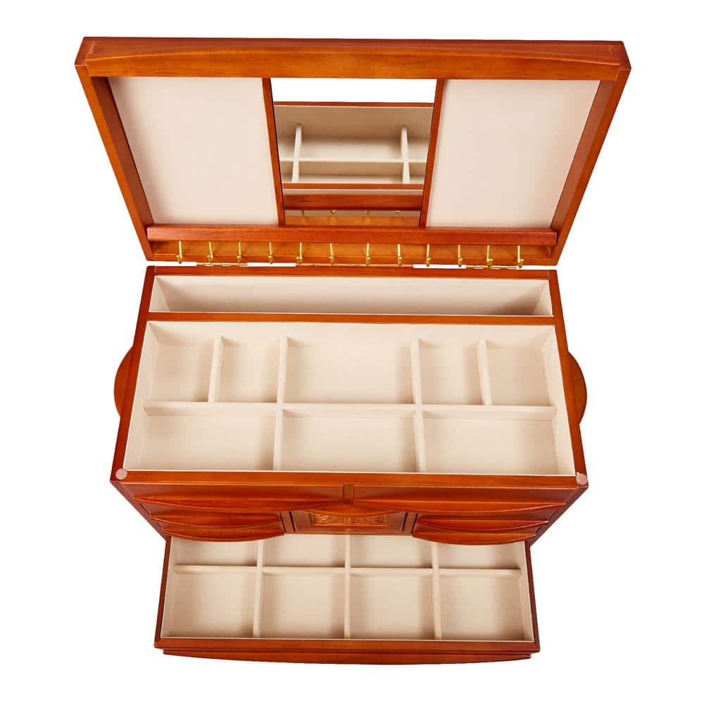 Walnut Finish Floral Relief Wooden Jewelry Box with 12 Hooks