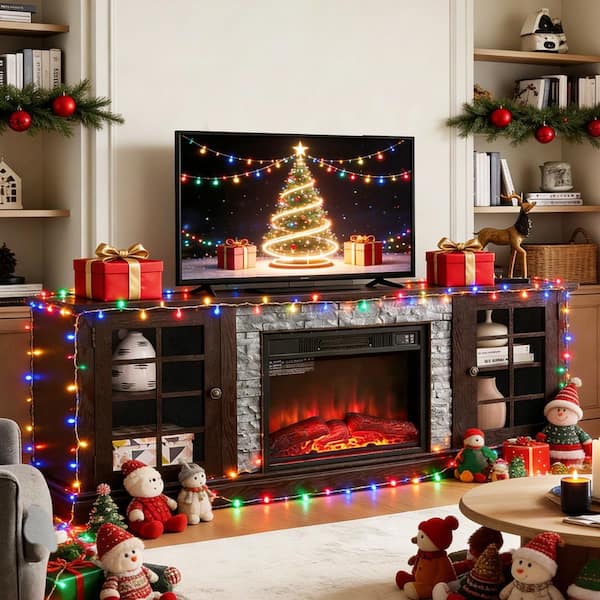 70 in. W Freestanding Wooden with Faux Stacked Stone Surround Large Electric Fireplace TV Stand in Cherry