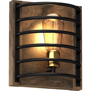 1-Light Indoor Bronze and Walnut Industrial-Inspired Caged Mini Wall Mount or Wall Sconce