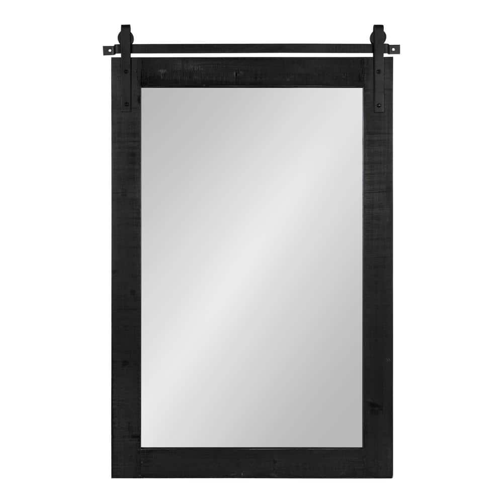 Rustic Farmhouse 42.5" Black Wood Wall Mirror with Iron Bar