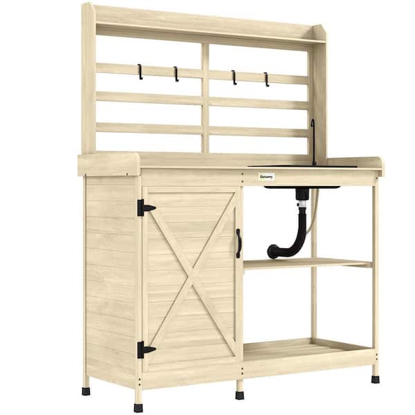 Outsunny 17.7 in. W x 57.5 in. H Natural Outdoor Wooden Potting Bench Table, Garden Workstation with Storage Cabinet, Shelves