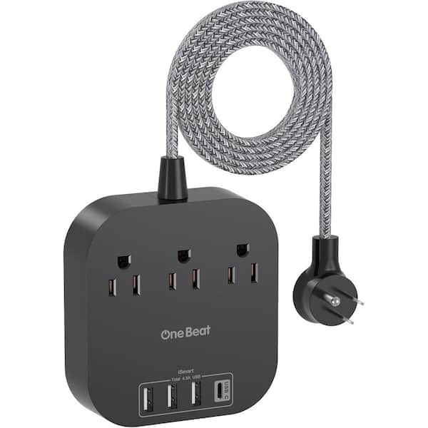Lukyamzn 5 ft. Braided Cord Power Strip with Flat Plug, 3-Outlets 4-USB Ports (1 USB-C) Non Surge Protector for Travel in Black