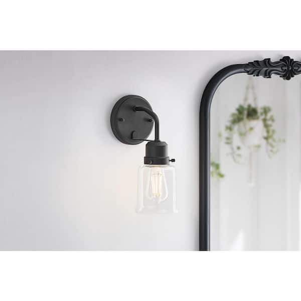 Hampton Bay Timphaven 1-Light Wall Sconce Matte Black Clear Glass