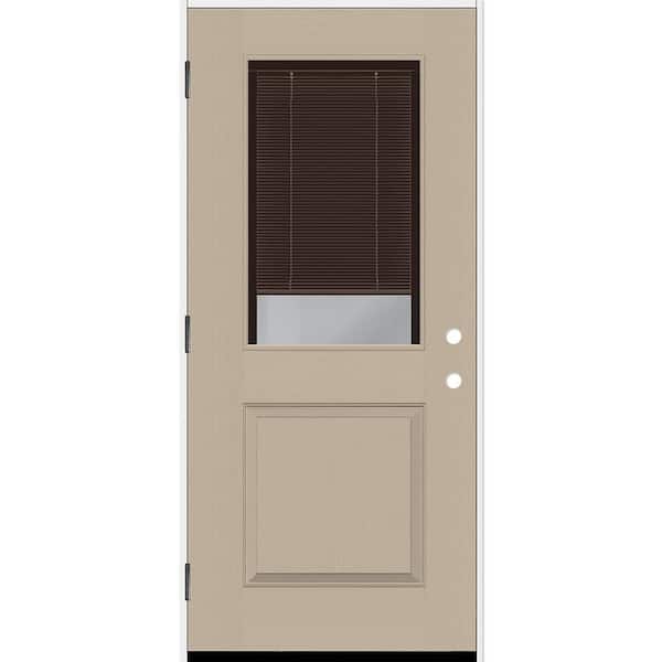 Steves & Sons Legacy 36 in. x 80 in. 1/2 Lite Clear Glass Mocha Miniblind RHOS Sandstone Fiberglass Prehung Door w/6-9/16 in. Jamb