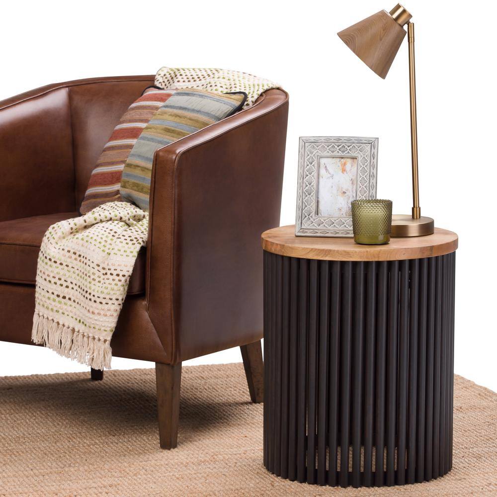 Demy Industrial Round Metal and Wood 18" Accent Side Table in Natural Black