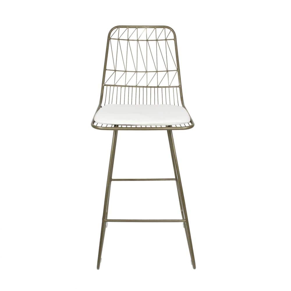Set of 2 Light Brass Iron Counter Stools with Ivory Cushions