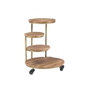 Josie Gold Iron Frame and Natural Acacia Wood Four-Tier Side Table with Wheels