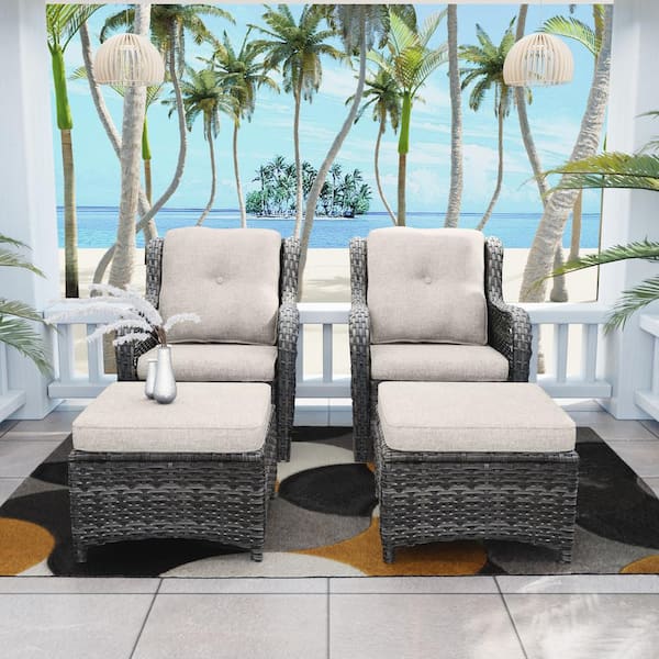 Gardenbee 4-Piece Wicker Outdoor Patio Conversation Lounge Chair Set with Beige Cushions and Ottomans