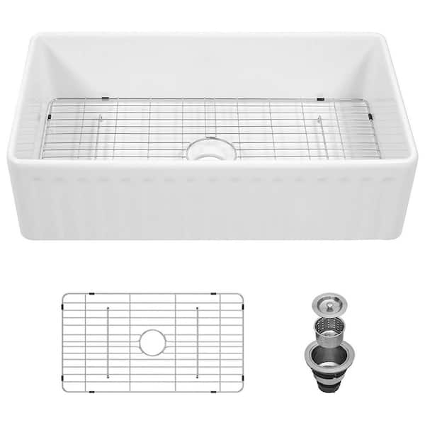 YASINU CPRO White Fireclay 36 in. x 20 in. Single Bowl Farmhouse Apron Kitchen Sink with Grid and Strainer