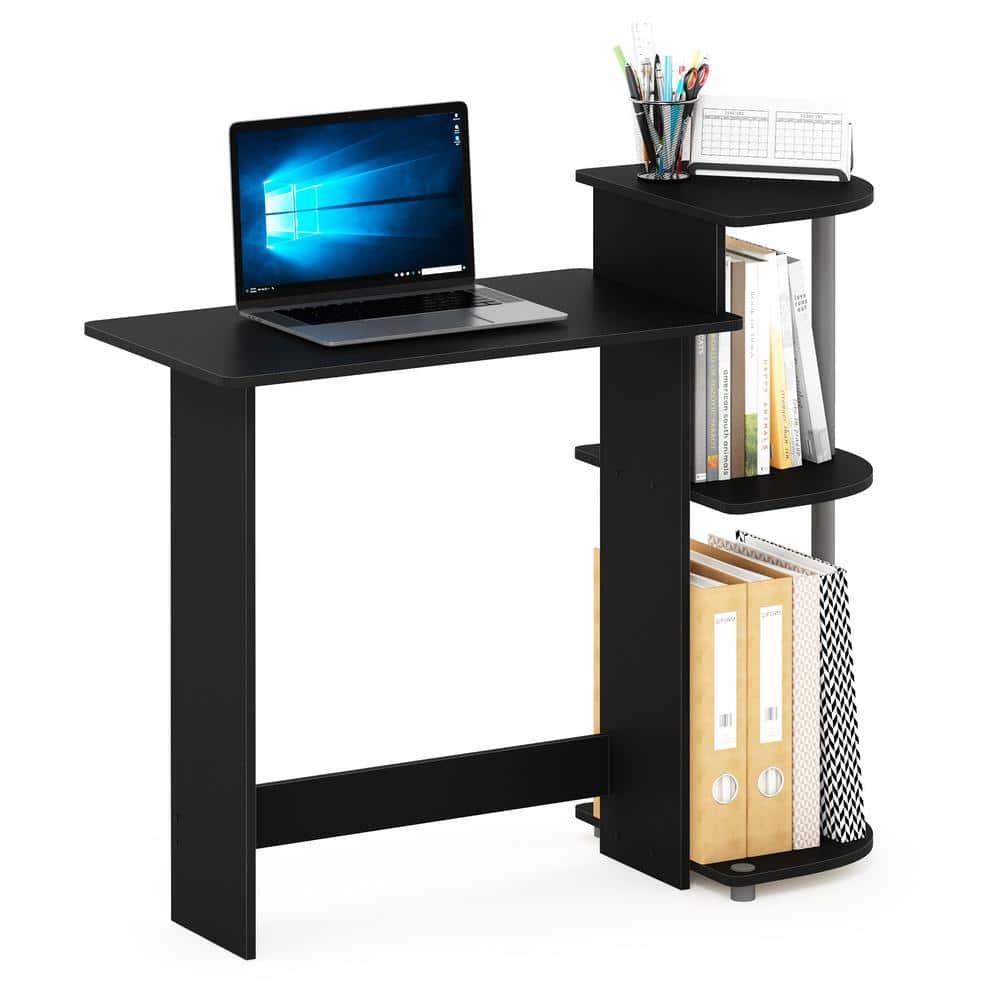 Black Wood Compact Computer Desk with Storage Shelves